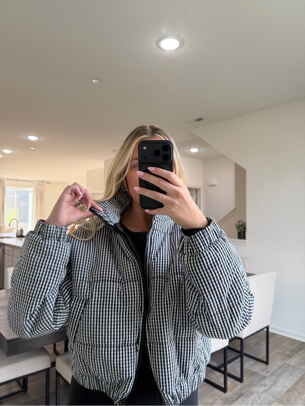 These three black gingham puffer jacket